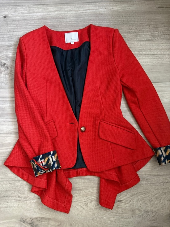 M story Jackets & Blazers - Red Tweed Blazer with Patterned Cuff Detail